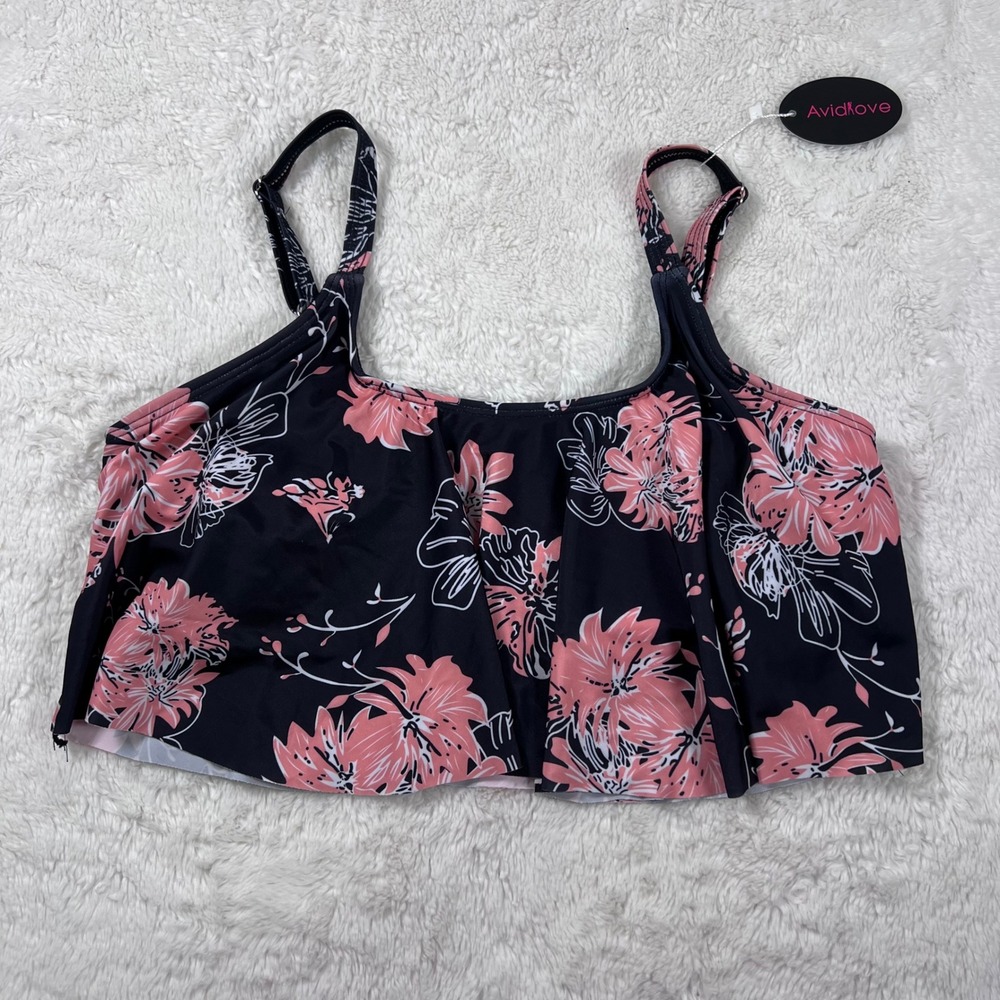 Avidlove Womens Floral Ruffle Bikini Top Black Pink Hibiscus Size Medium NEW